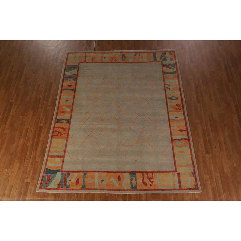 Hand Knotted Oriental 100% Wool Carpet Transitional Geometric Beige & Ivories Oushak Area Rug - 9' 1'' X 8' 0''