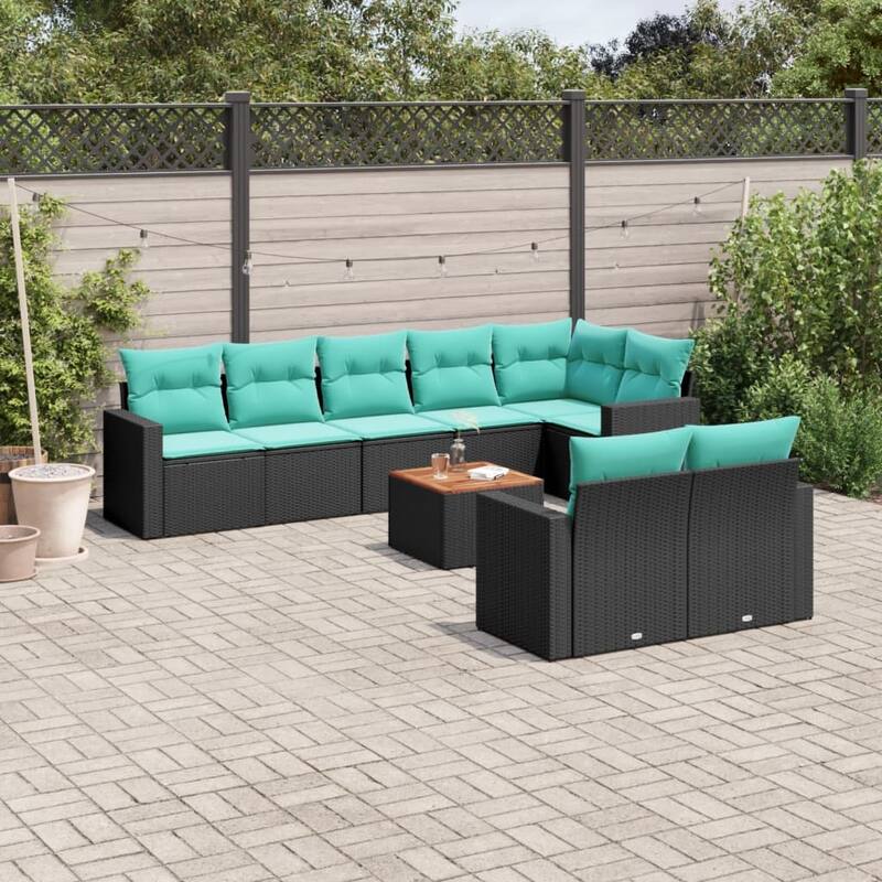 vidaXL 9 Piece Patio Sofa Set with Cushions Black Poly Rattan - 24.4 x 24.4 x 27.2-Table + 3x middle + corner