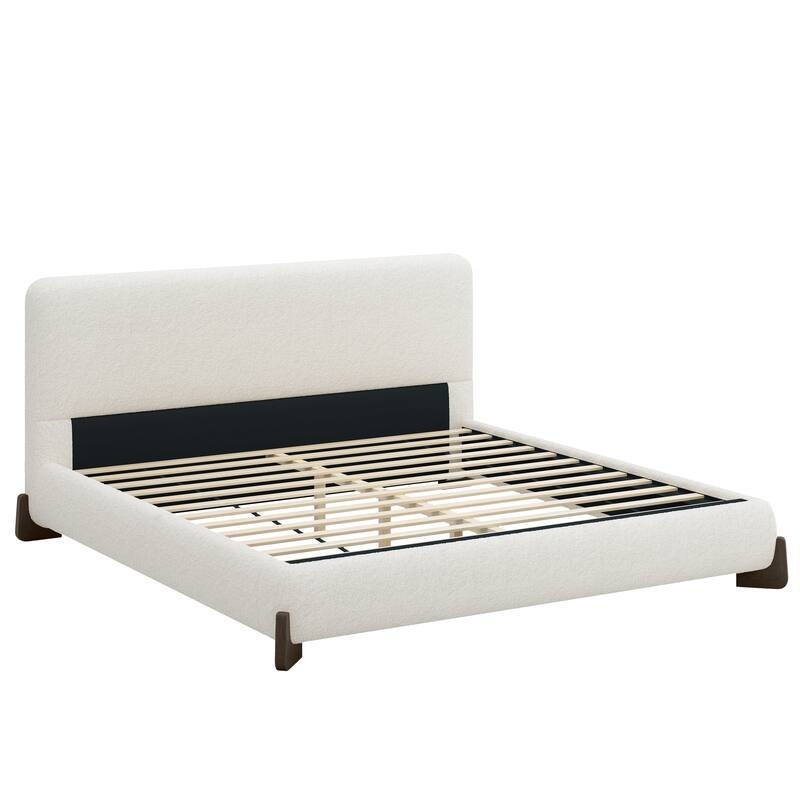 King Size Upholstered Bed Frame Platform Bed with Headboard & Sturdy Dark Brown Wood Legs/Wood Slats Support/Easy Assembly/White