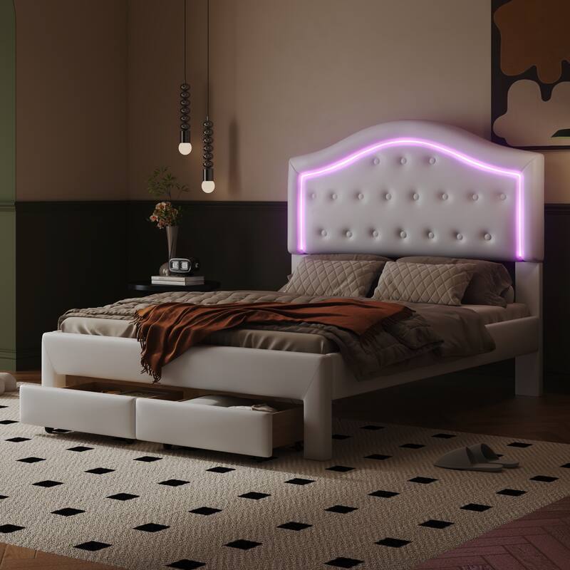 Full Size Upholstered Platform Bed with LED and Drawers