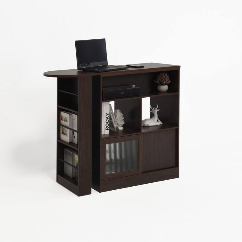 Walnut Modern Bar Cabinet with Rotating Top and Glass Doors