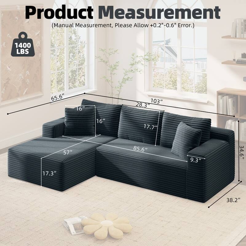 Rossetta L-Shaped Modular Cloud Corduroy Sectional Sofa with Deep Seat, Left Facing