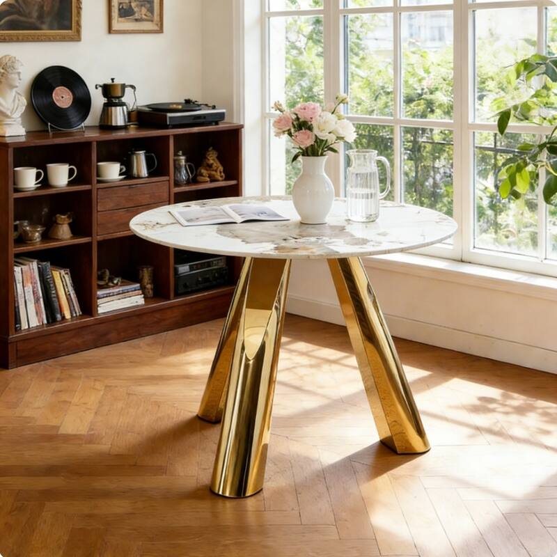 Round Dining Table, Kitchen Table with Stainless Steel Legs, Round Coffee Table Bistro Table for Dining Room