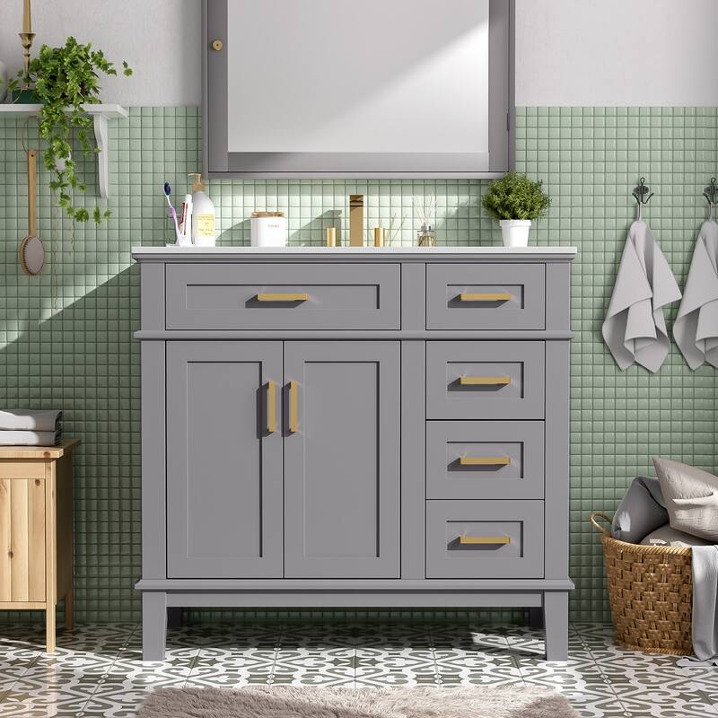 36" Modern Bathroom Vanity with Ceramic Sink, Soft Close Doors, 4 Drawers for Storage for Small Bathrooms - Grey
