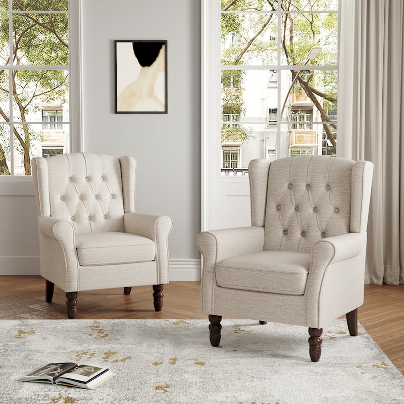 Button Tufted Armchair Wingback Wood legs Accent Chairs (Set of 2)