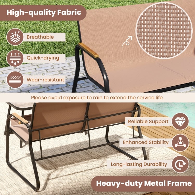 4 Piece Brown-Black Fabric Metal Outdoor Bistro Set with Loveseat and Rockers - Coffee Table: 31.5" x 18" x 16.5"