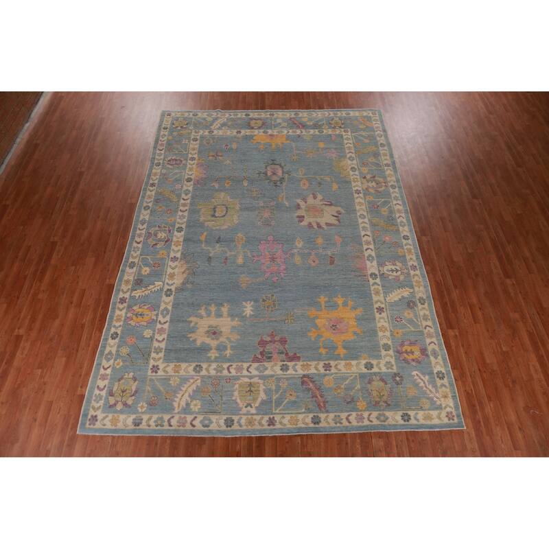 Hand Knotted Oriental 100% Wool Carpet Transitional All-Over Navy Blue & Blues Oushak Area Rug - 12' 9'' X 9' 1''