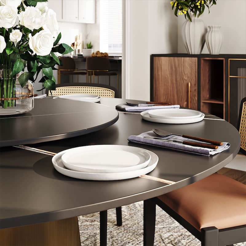 Modern Round White Dining Table，Sintered Stone Tabletop, Solid Black Carbon Steel Base