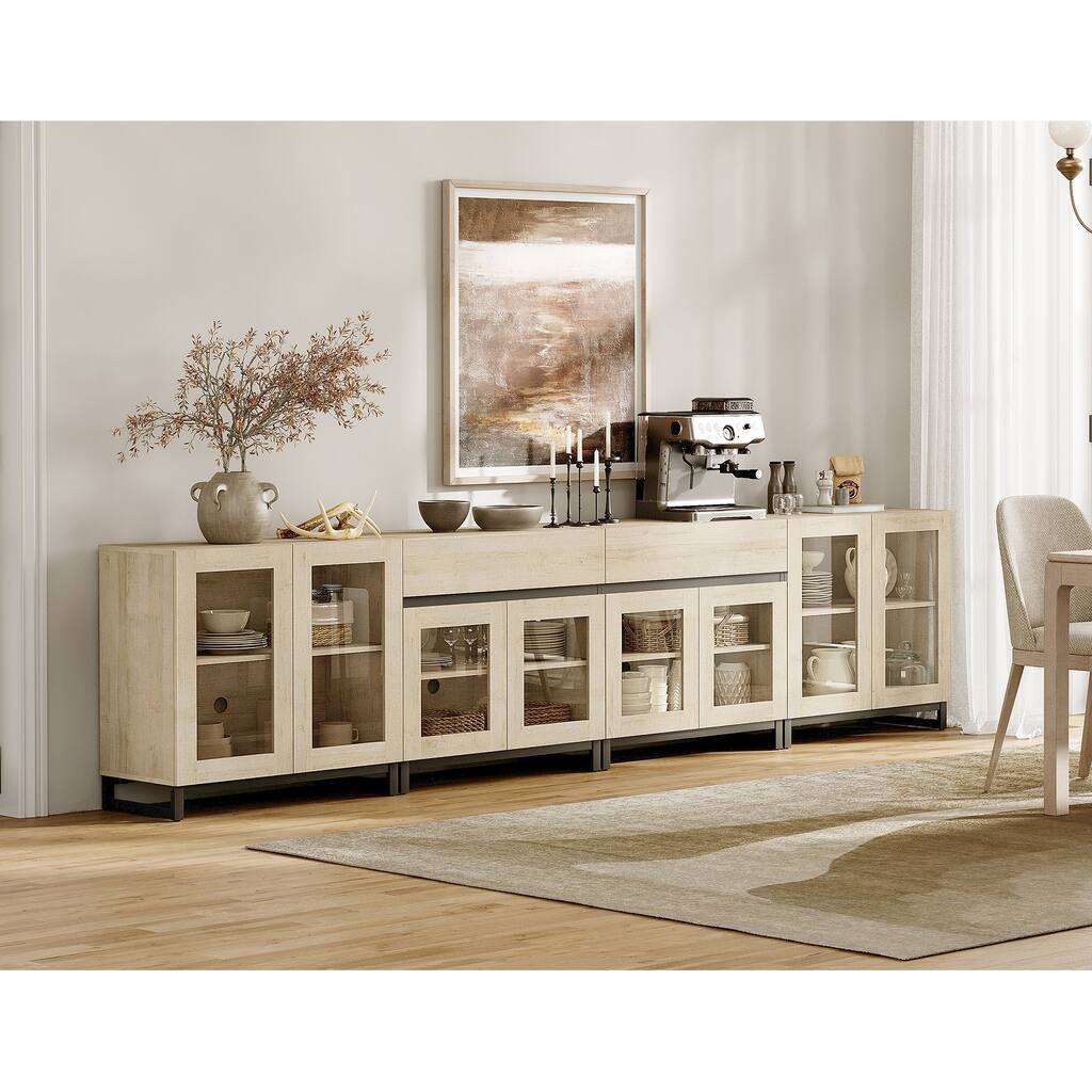 4 in 1 Multifunctional Sideboard Buffet with Glass Doors & 5 Drawers, Modern Credenza with Adjustable Shelf and Metal Base