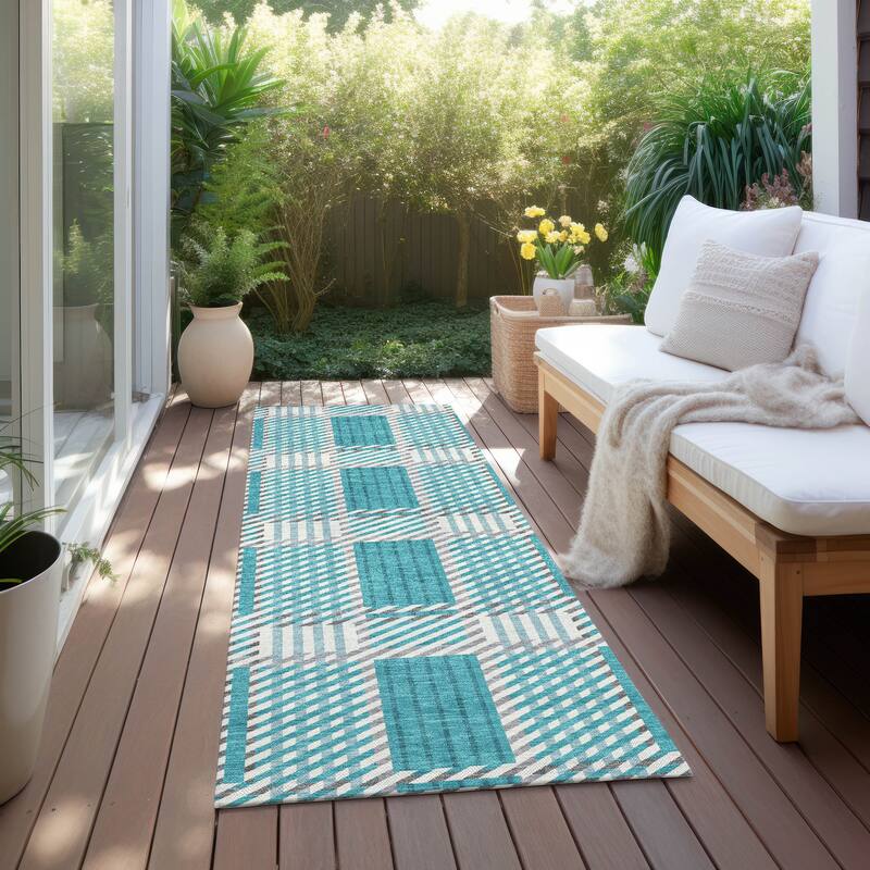 Machine Washable Indoor/ Outdoor Geometric Stripe Chantille Rug - Teal - 2'3" x 7'6"