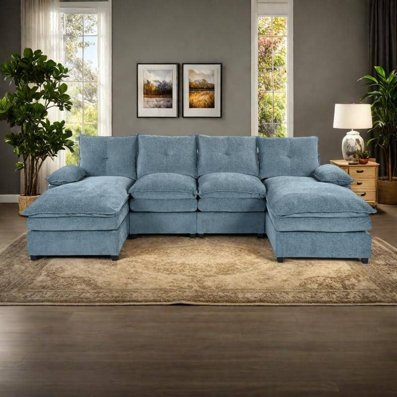115" U-Shaped Chenille 6-Seater Sectional Sofa with Adjustable Armrest Pillows