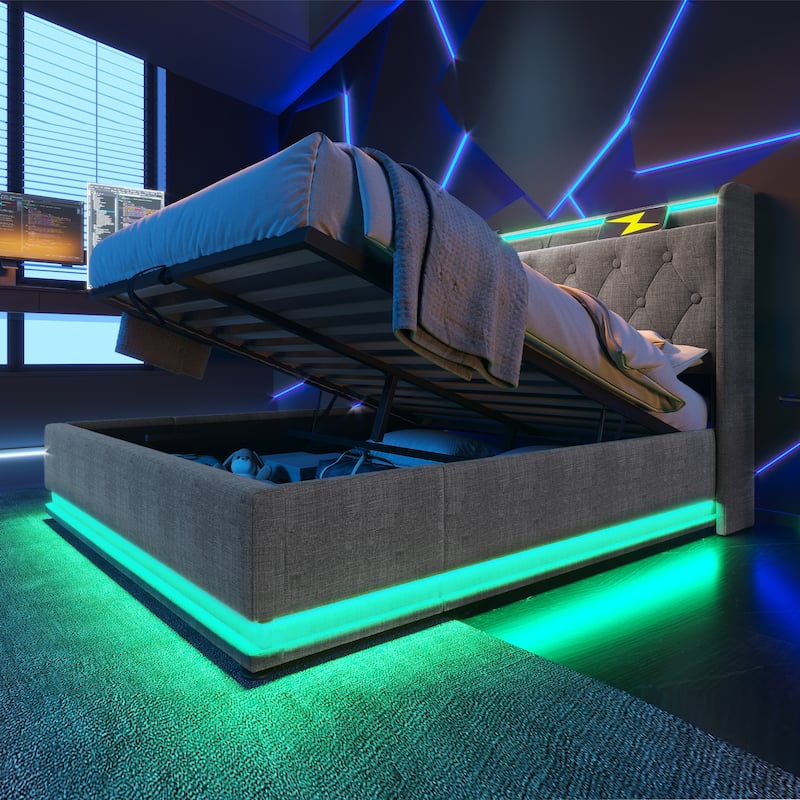 360° LED Light Upholstered Full Bed with USB Charging, Hydraulic Storage, Tufted Headboard, Remote Control