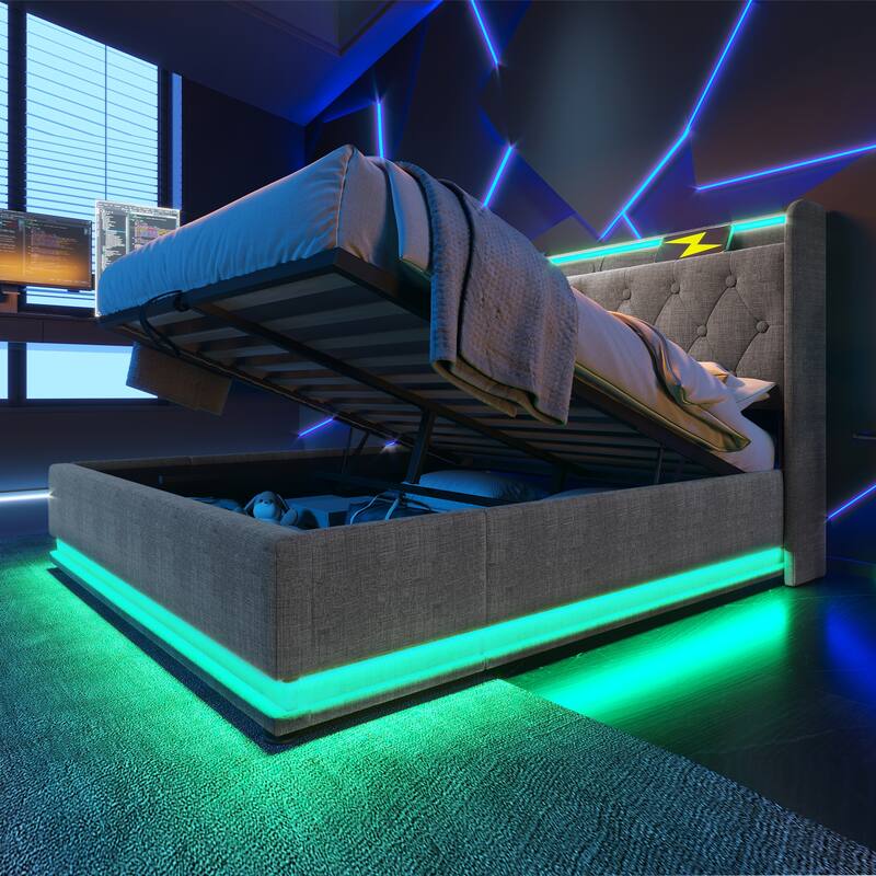 Queen Size Platform Bed Underbed Storage Bed with Wingback Tufted Headboard, USB and 360 Surround LED Strip, Linen Upholstered