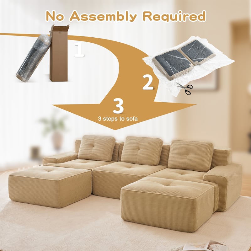 Roomfitters No Assembly Modular Sofa, 117 Inch Corduroy 3-Seater with Piping, Camel
