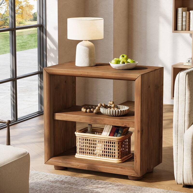 Solid Wood Side Table, Bedside Furniture with Storage Shelves