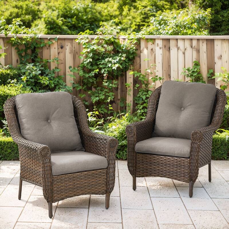 Outdoor Brown Rattan Patio Chair with Cushion - Grey - Brown