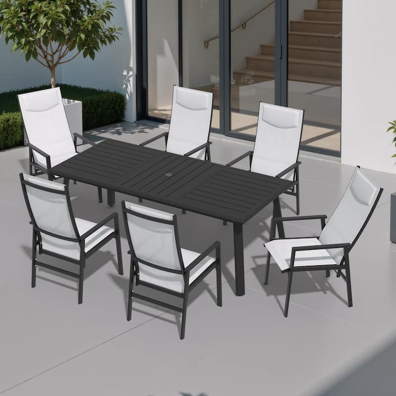 7/9 Piece Dining Set Aluminum Dining Table with Umbrella Hole and Folding Pneumatic Angle Adjustable Back Chairs