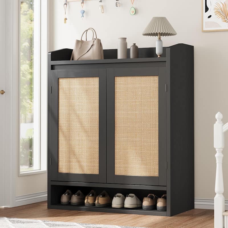 Rattan Shoe Cabinet with 2 Doors, 5-Tier Wooden Shoe Storage Organizer