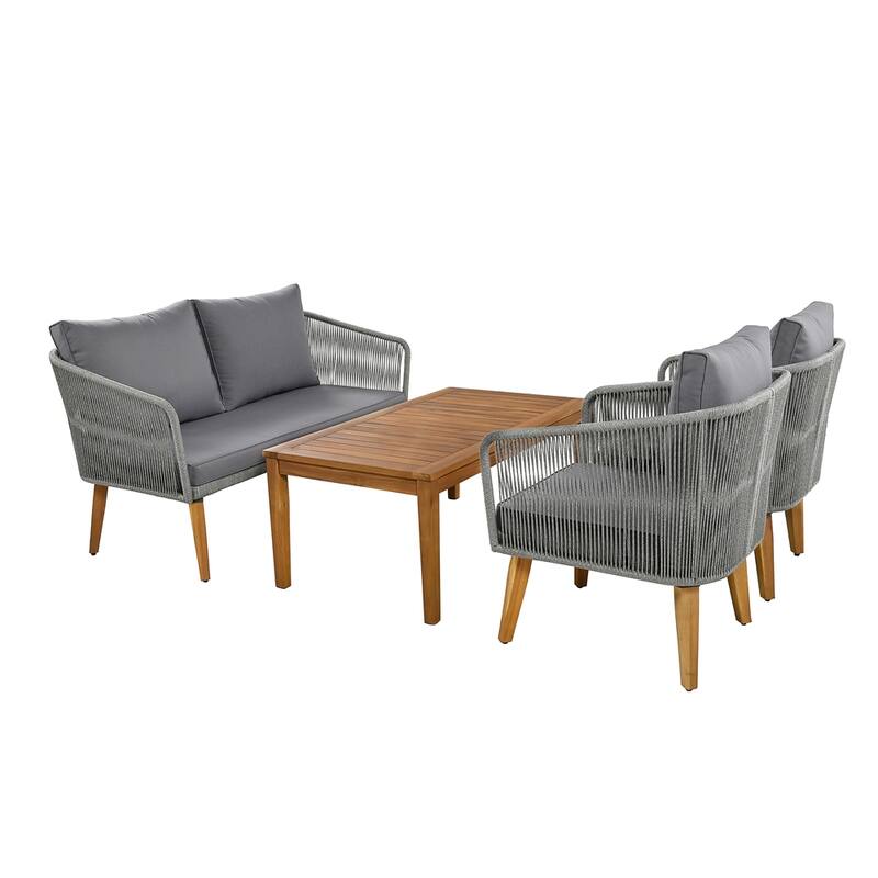 4-Piece Patio Conversation Set with Cushions and Solid Wood Loveseat