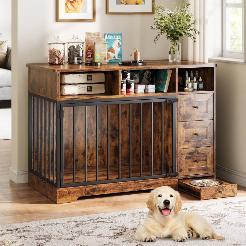 Retro Brown 48 Inch Dog Crate Furniture, Indoor Dog Kennel with Hidden Bowl - Brown