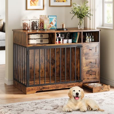 Retro Brown 48 Inch Dog Crate Furniture, Indoor Dog Kennel with Hidden Bowl