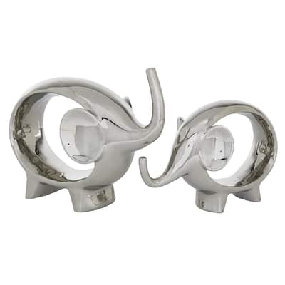 Porcelain Ceramic Elephant Decorative Sculpture - Set of 2 Silver - Roche River Decor