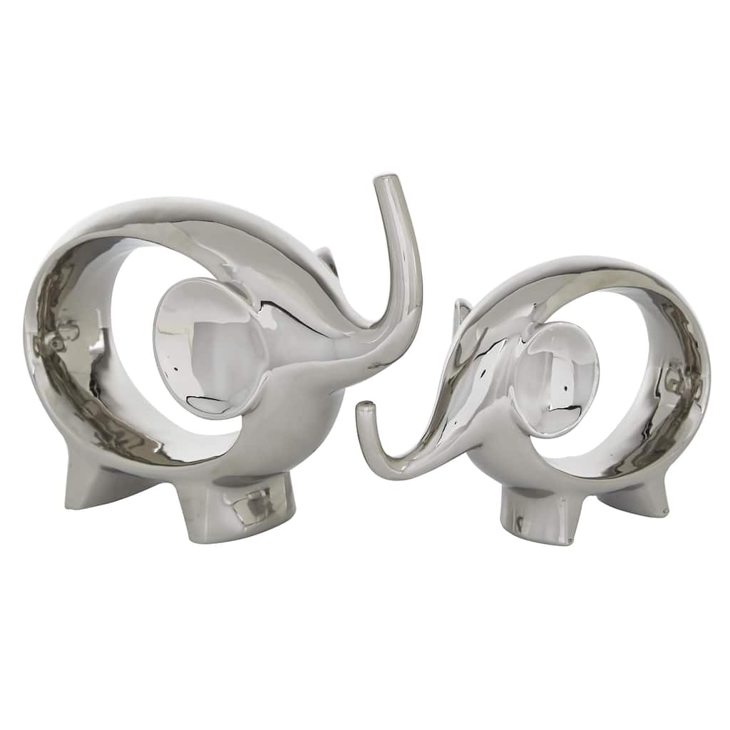 Porcelain Ceramic Elephant Decorative Sculpture - Set of 2 Silver - Roche River Decor