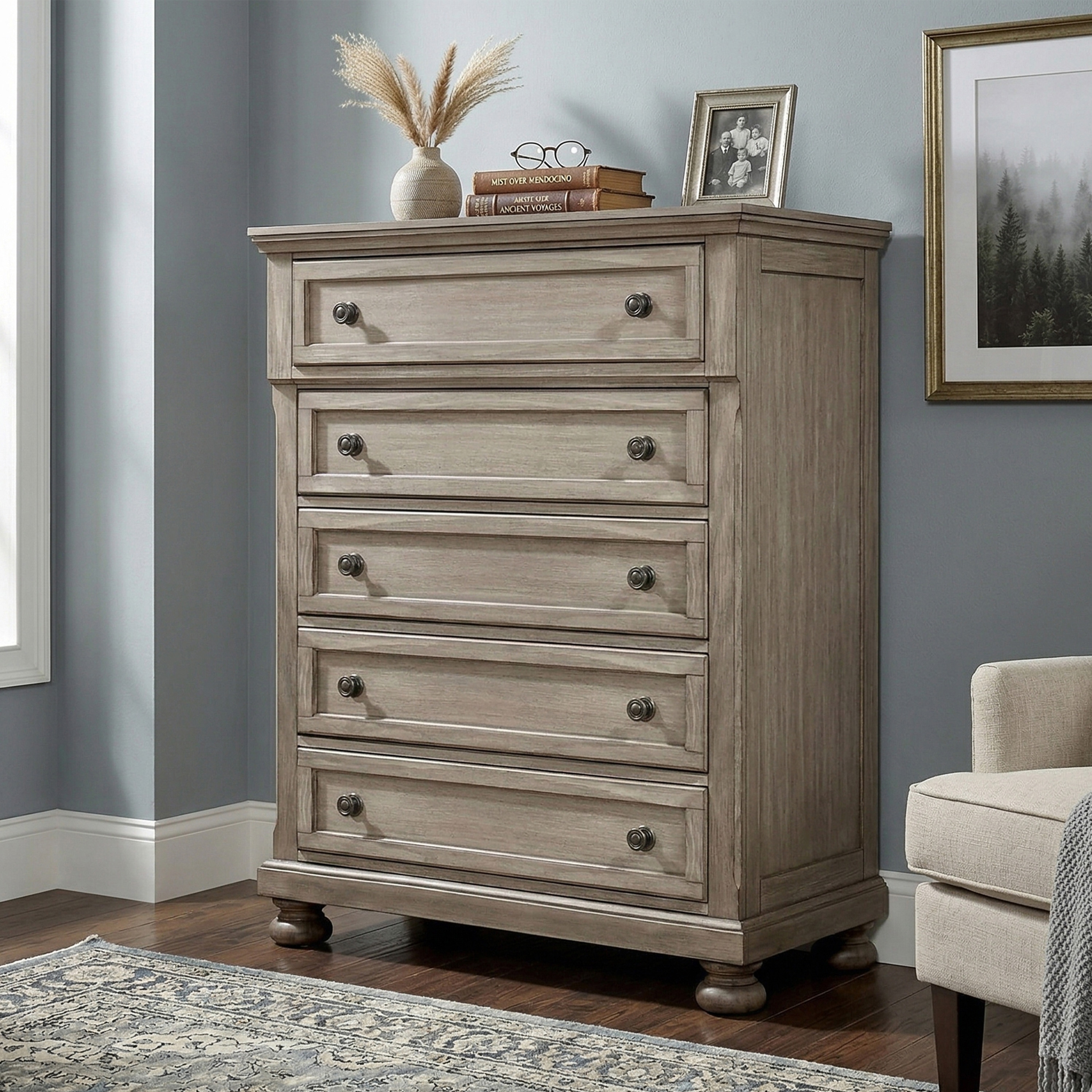 Carbon Loft Nahkohe Transitional Grey Solid Wood 5-Drawer Chest