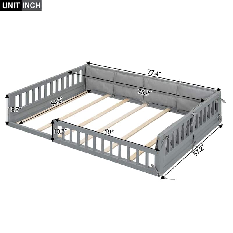 Wood Full Size Upholstered Platform Bed with Guardrail and Pillow - Grey