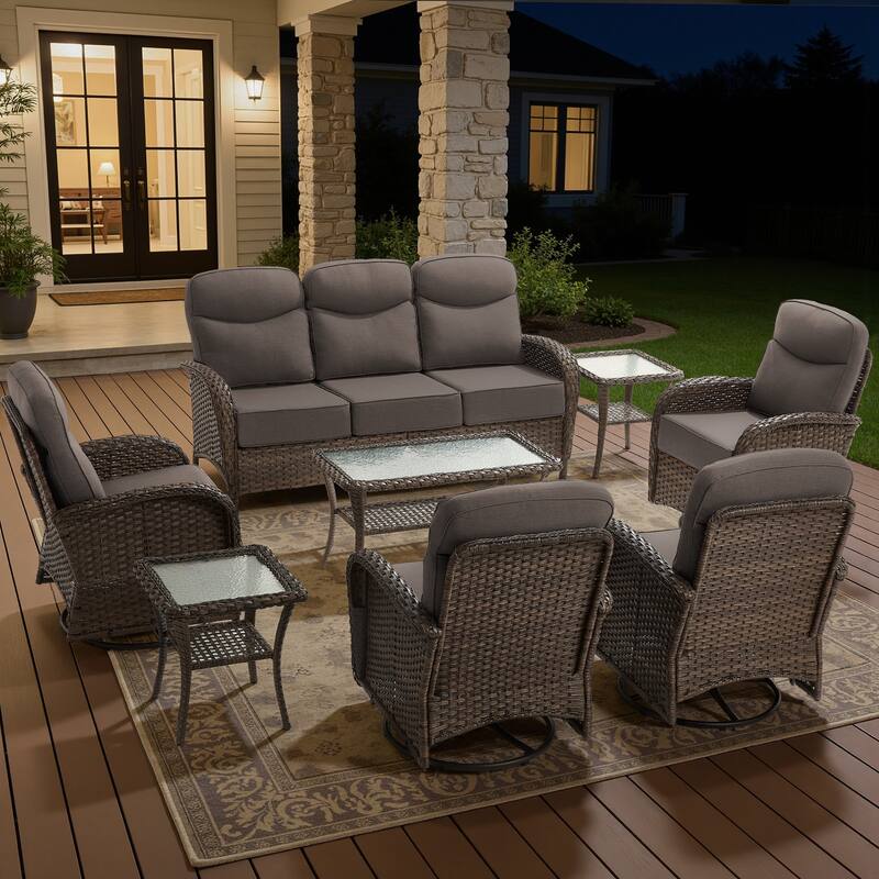 Luna 8-Piece Wicker Patio Conversation Set with Swivel Gliders and 6-Inch Thick Olefin Cushions