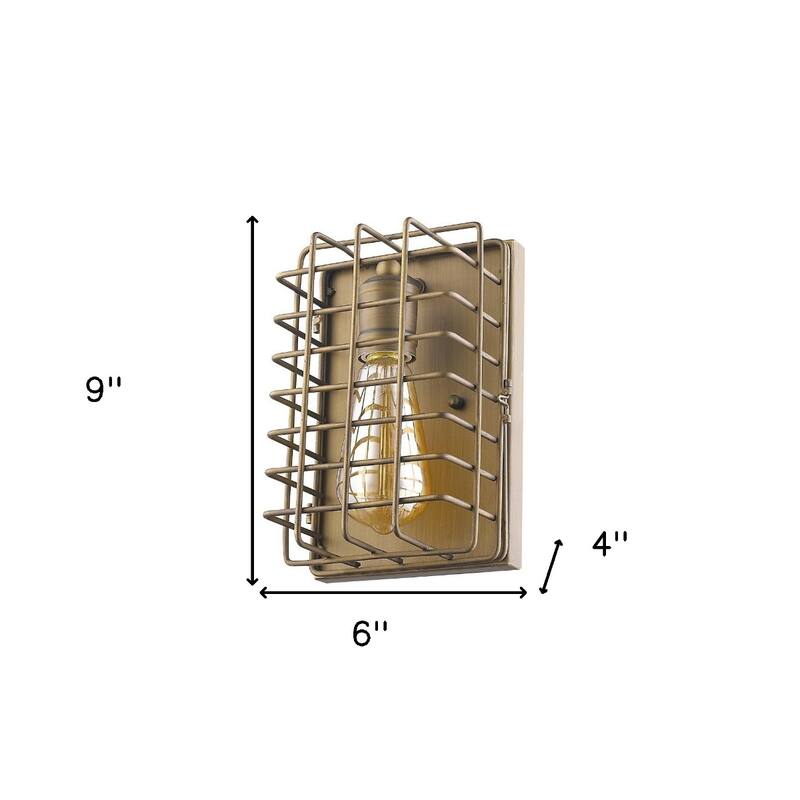 Light Gold Metal Wall Sconce with Wire Cage Shade Flush Mount, Hardwired - 4” x 6” x 9” (D x W x H)