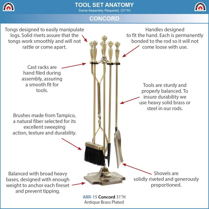 Achla Designs Set of 4 Concord Fireplace Tool Set, 30.5 Inch Tall, Antique Brass