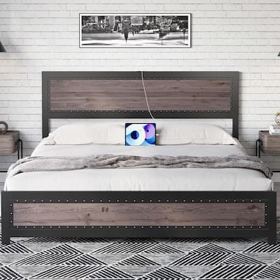 Industrial Platform Bed with Headboard & Charging Station, Metal Frame, Easy Assembly, No Box Spring, Grey