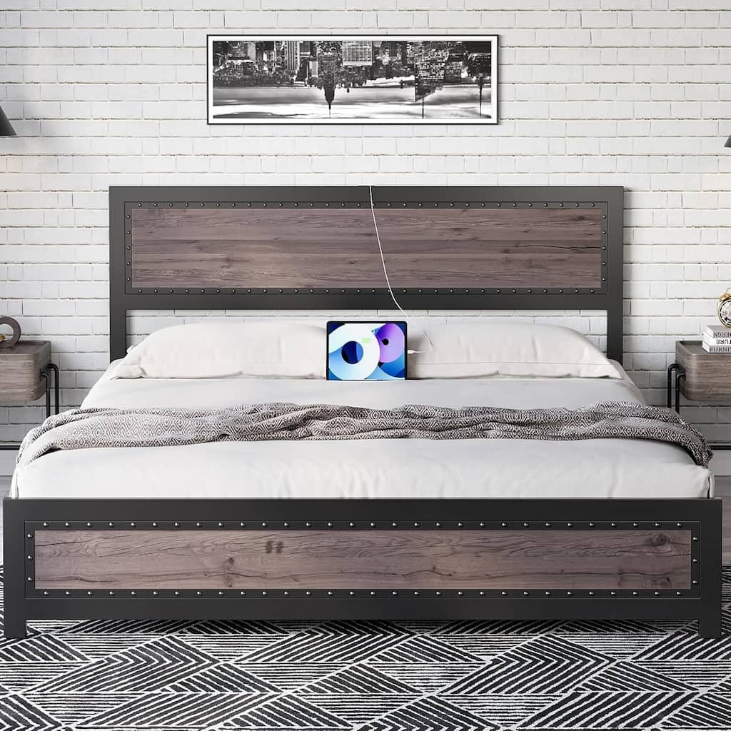 Industrial Platform Bed with Headboard & Charging Station, Metal Frame, Easy Assembly, No Box Spring, Grey
