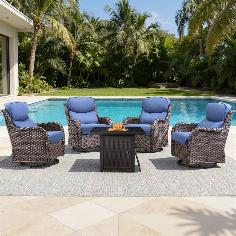 Meyreso 5-Piece Outdoor Patio Wicker Fire Pit 4 person Conversation Set with 5-Inch Thick Cushions - Navy Blue Cushions - Brown Wicker