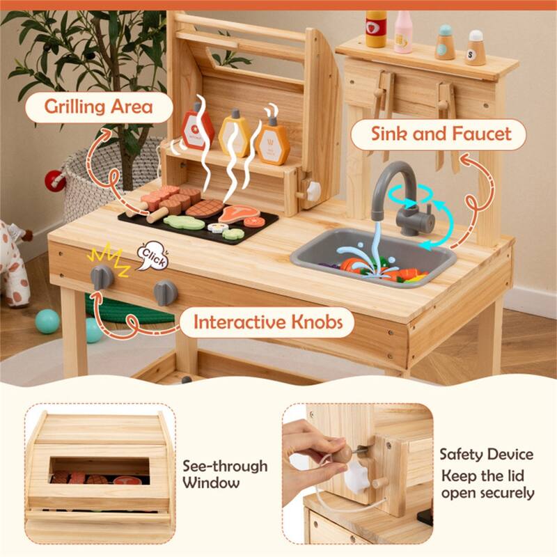 Kids Wooden BBQ Grill Playset with Sink Storage and Utensils Natural Outdoor Pretend Cooking Toy for Ages 3 and Up