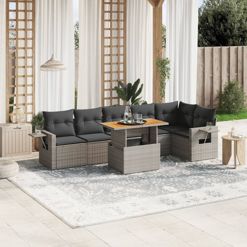 vidaXL Patio Sofa Set with Cushions Table and Lounge Sofas 7 Piece Poly Rattan - 21.7 x 39.4 x 28.7 - Grey  - form1