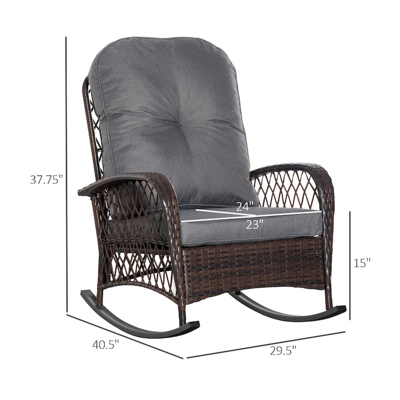 Outsunny Outdoor Wicker Rocking Chair with Widen Seat, Thickened Cushion, Rattan Rocker with Steel Frame