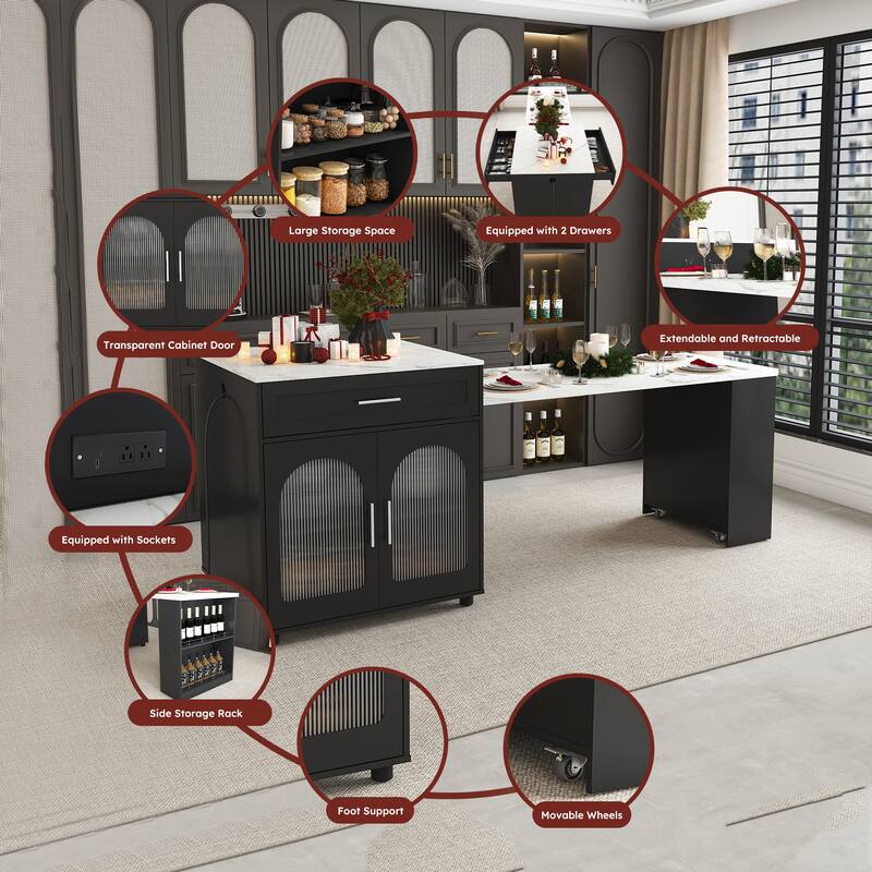 Roomfitters 80" Expandable Kitchen Island & Dining Table, Rolling Cart, Charging Station & Glass Cabinet