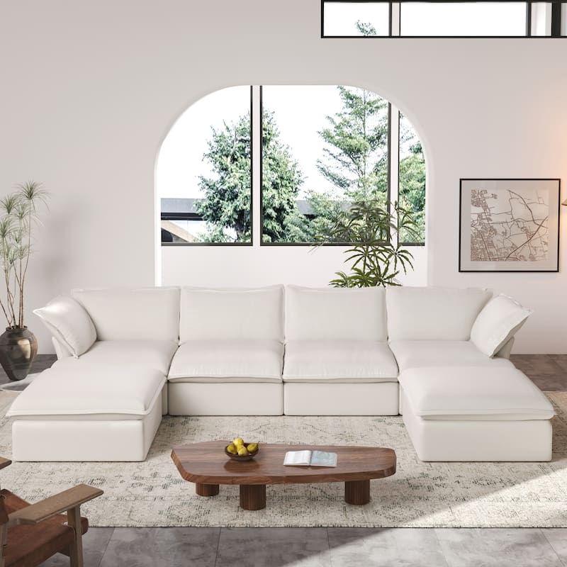 163" U-Shaped Convertible Modular Sectional Sofa, Down Filled Comfort Overstuffed Upholstered - White