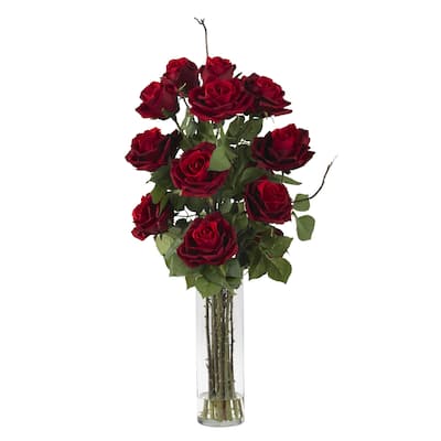 Silk Rose Flower Arrangement with Vase - Rustic Home Decor Roses Bouquet for Table Centerpiece - 27