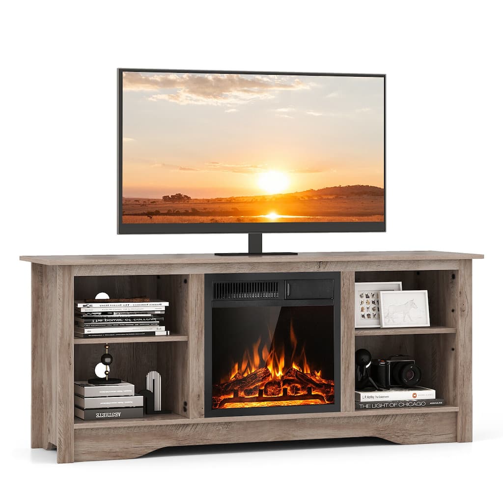 Gymax 58'' TV Stand w/ 18'' Electric Fireplace Heater 750W/1500W &