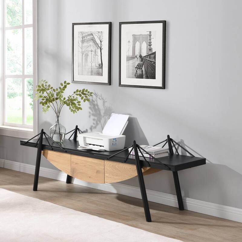 Modern TV Stand with Sailboat-Inspired, Wood Entertainment Console Table Storage Table with Drawer and Metal Frame - Black