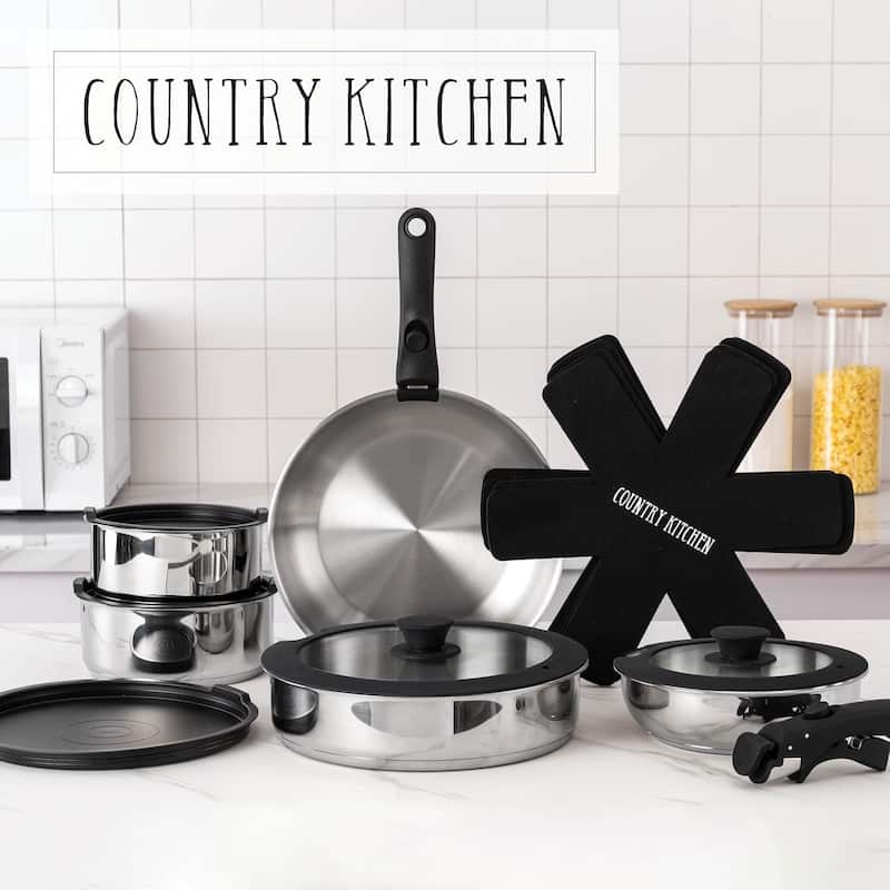Country Kitchen 16 Piece RV Cookware Set Ceramic with Removable Handle Oven Safe.