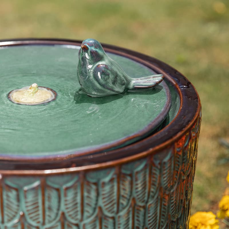 Glitzhome 15"H LED Ceramic Birdbath Outdoor Fountain with Two Birds & Leaf Pattern