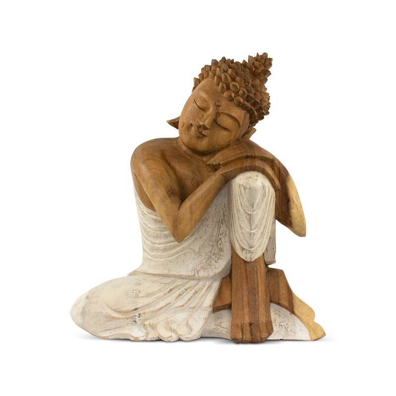 Wood Sleeping Buddha Statue Hand Carved Whitewashed Sculpture, Peaceful Zen Decor - 8" tall x 6.5" wide x 3.5" deep