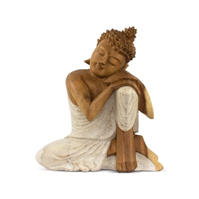 Wood Sleeping Buddha Statue Hand Carved Whitewashed Sculpture, Peaceful Zen Decor