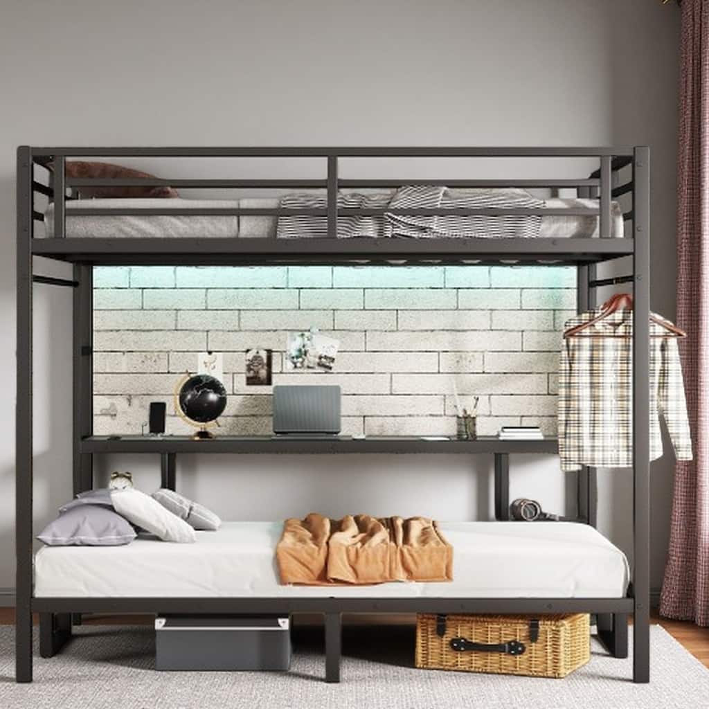Convertible Queen Over Twin XL Metal Loft Bed with Foldable Sofa, Built-In Desk, Shelves, USB Ports & LED Lighting