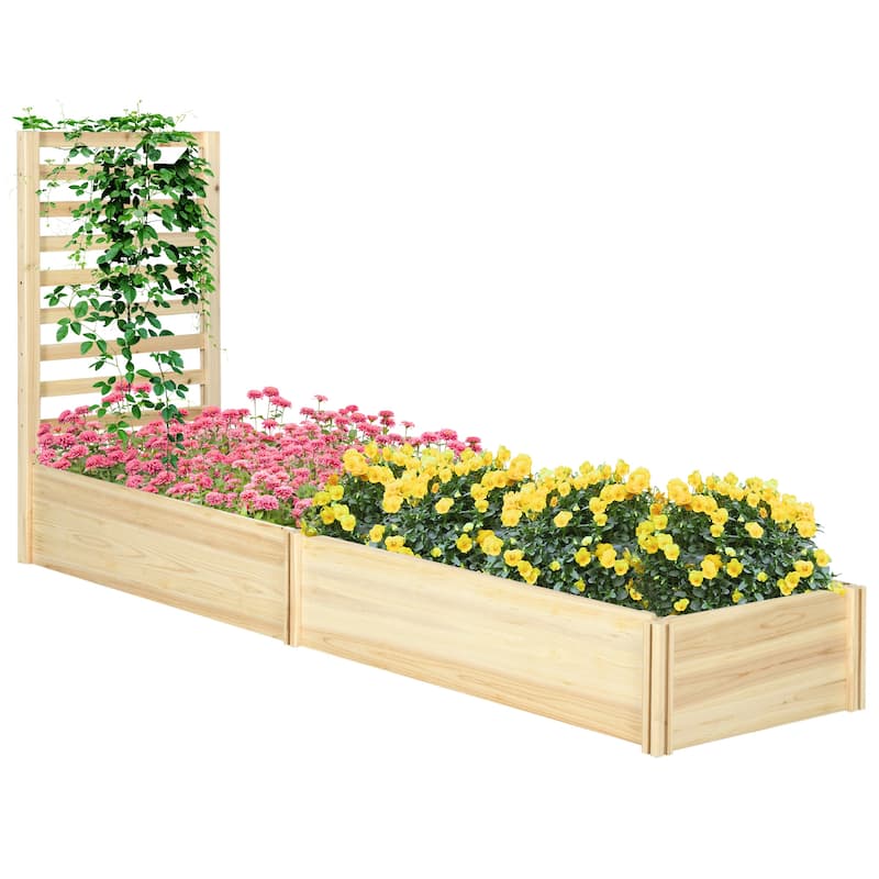 Raised Garden Bed with Trellis and 2 Compartments, 43 Inch Wooden Planter Box Kit for Outdoor Plants - Natural