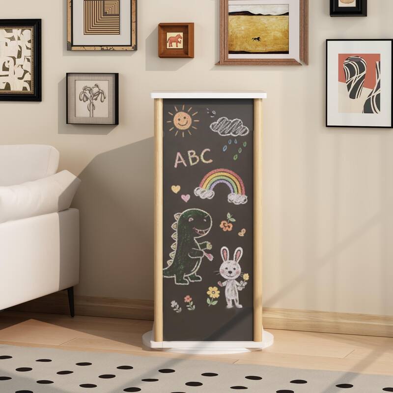 360°Rotating Kids Bookshelf with Chalkboard, 3-Tier Wood Floor Revolving Bookcase & Toy Storage Organizer, Book Display Stand